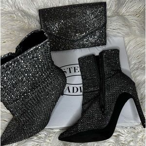 Slightly worn, Steven madden Wifey rhinestone set (ankle boots & clutch)